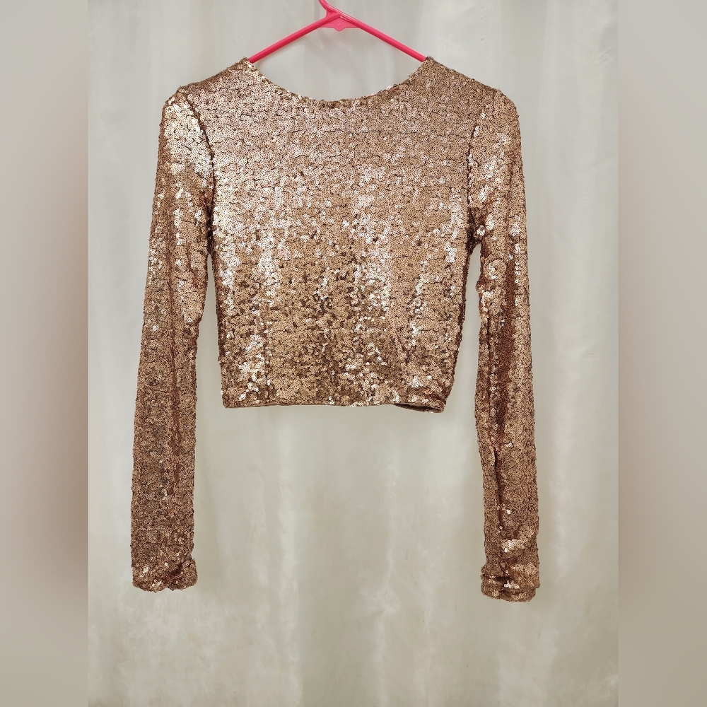 Mind Code Rose Gold Sequin Long Sleeve Crop Top